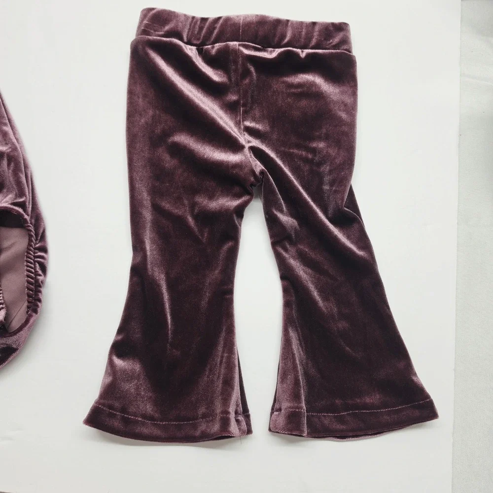 Jessica Simpson Bodysuit Pants Set Kids 6/9M Plum Velvet Ruffle Flare